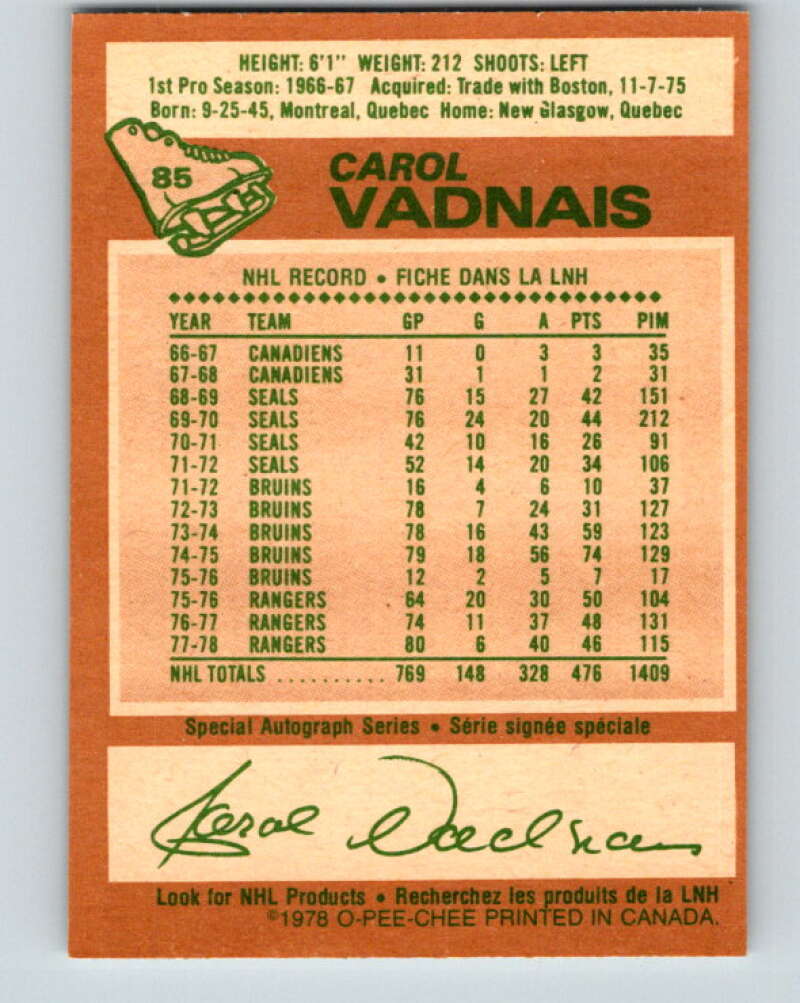 1978-79 O-Pee-Chee #85 Carol Vadnais  New York Rangers  V22065
