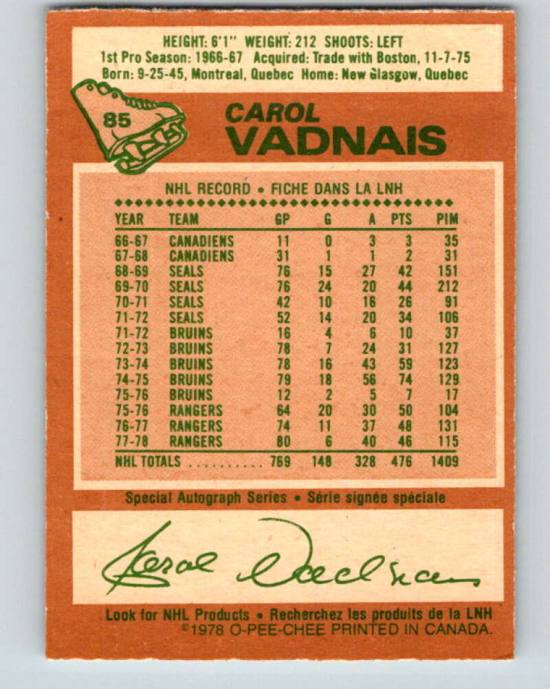 1978-79 O-Pee-Chee #85 Carol Vadnais  New York Rangers  V22066