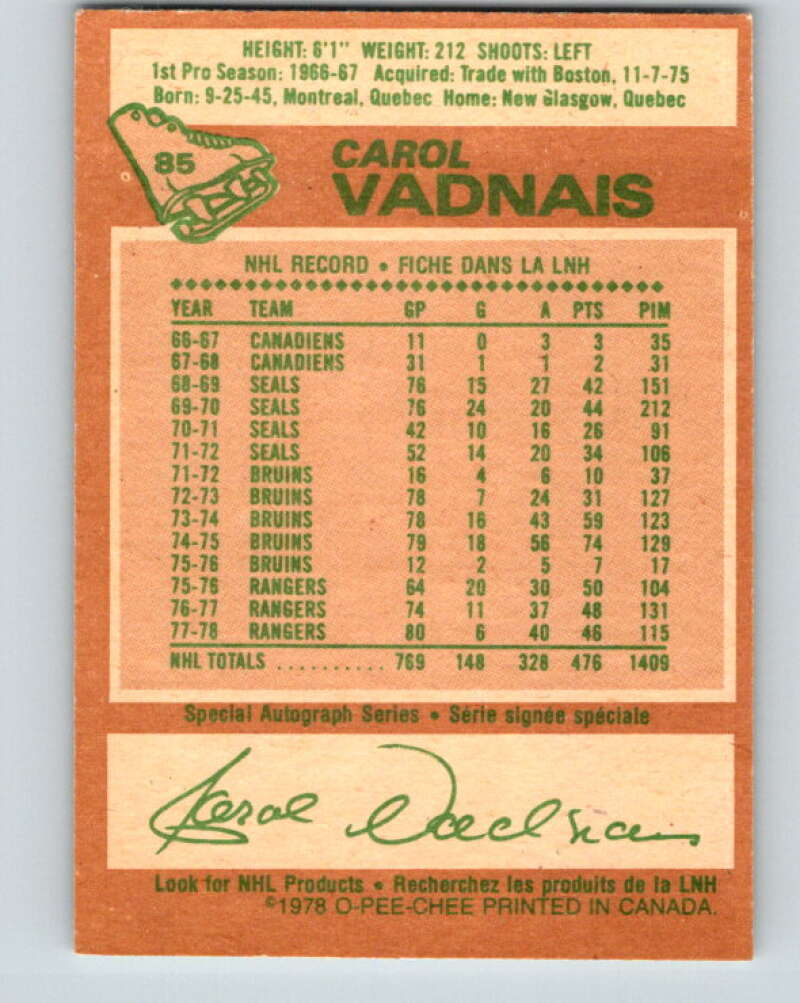 1978-79 O-Pee-Chee #85 Carol Vadnais  New York Rangers  V22069