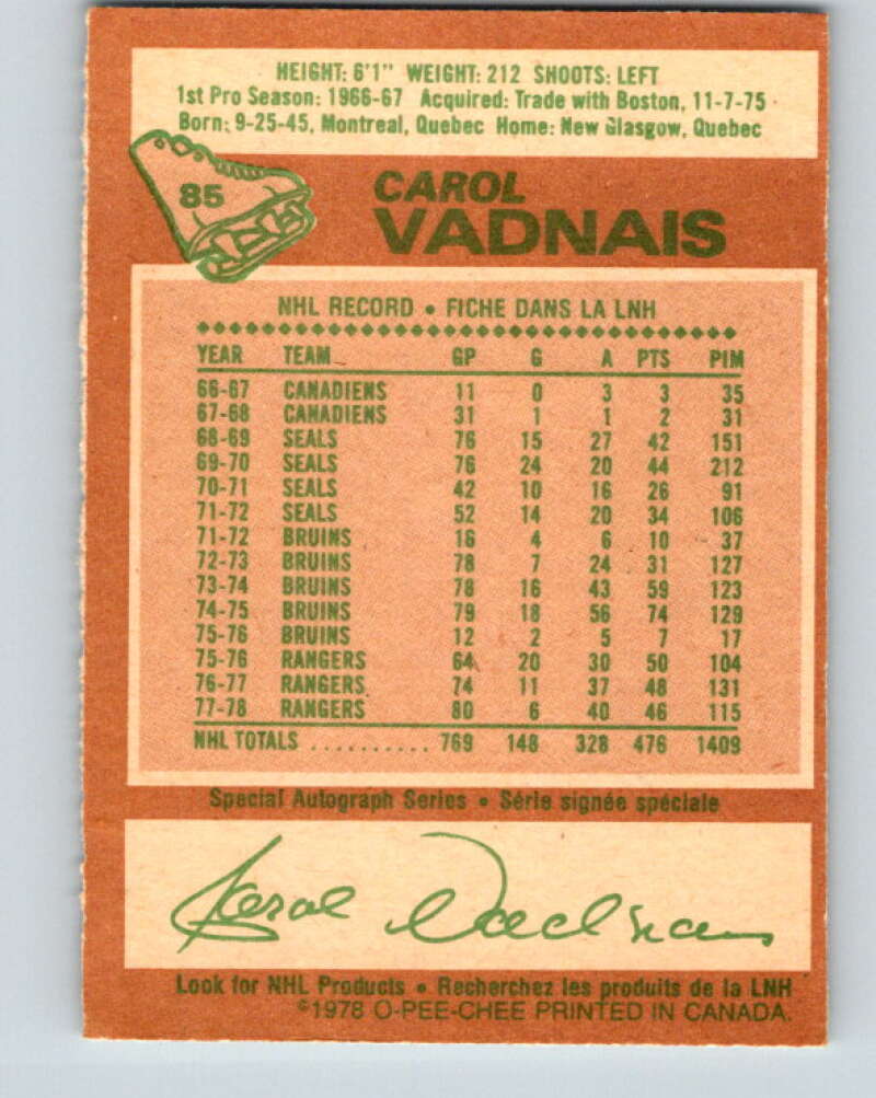 1978-79 O-Pee-Chee #85 Carol Vadnais  New York Rangers  V22070