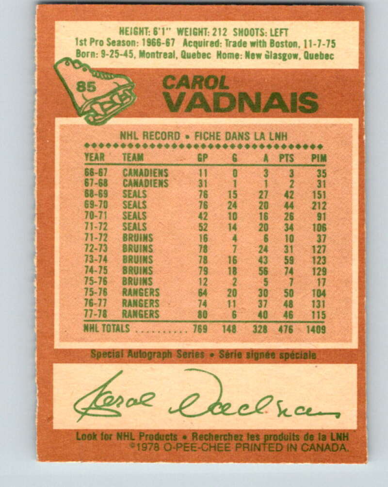 1978-79 O-Pee-Chee #85 Carol Vadnais  New York Rangers  V22072