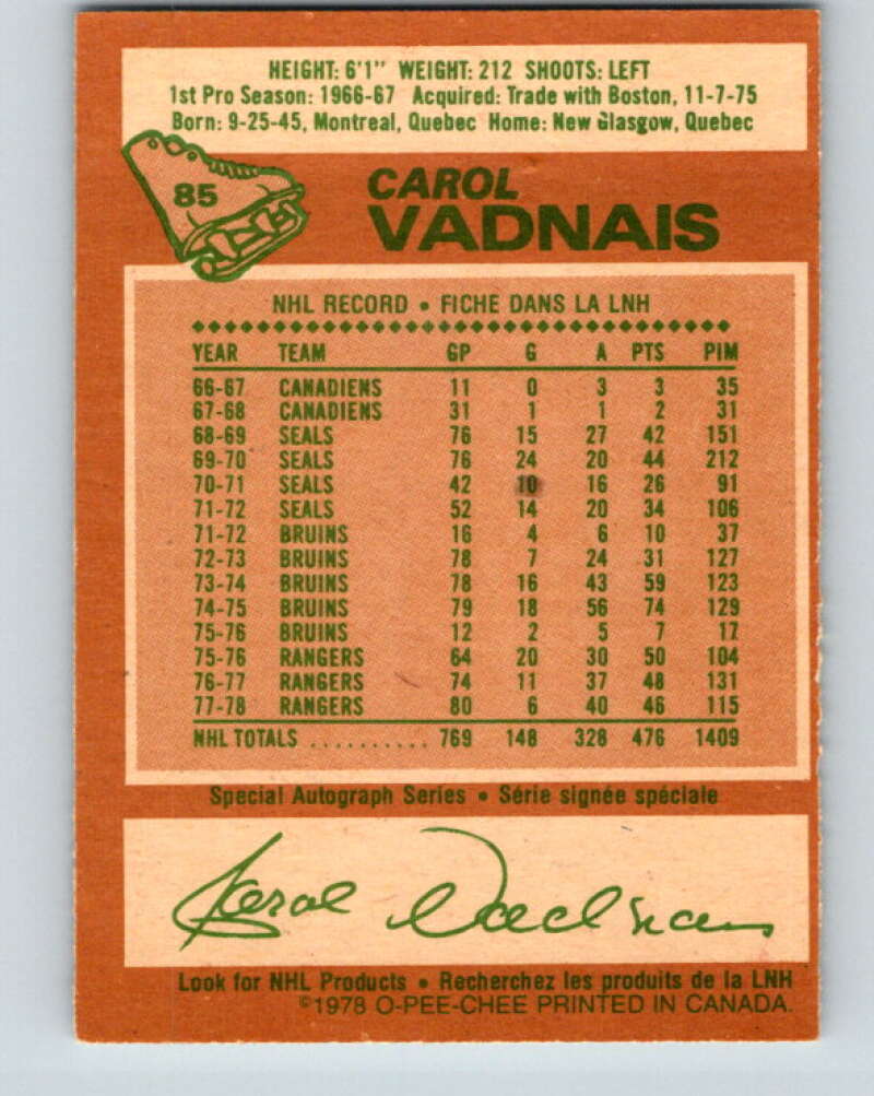 1978-79 O-Pee-Chee #85 Carol Vadnais  New York Rangers  V22074