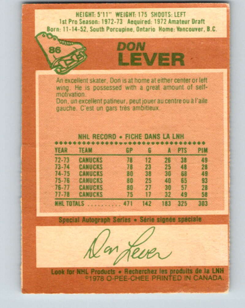 1978-79 O-Pee-Chee #86 Don Lever  Vancouver Canucks  V22075