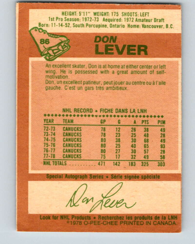 1978-79 O-Pee-Chee #86 Don Lever  Vancouver Canucks  V22076
