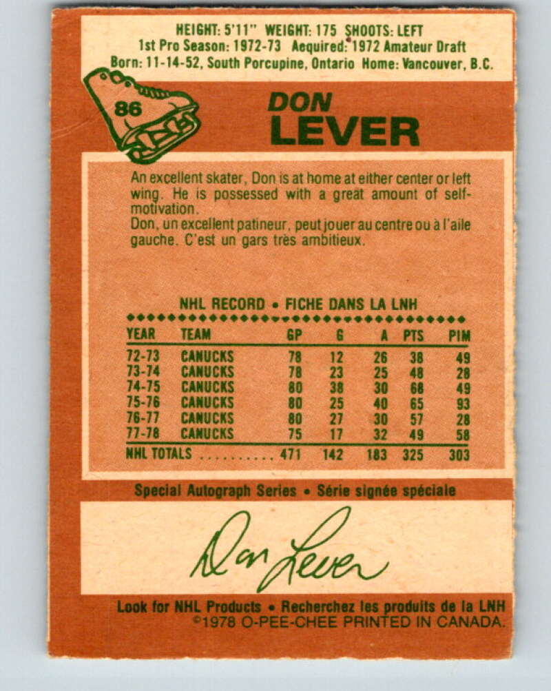 1978-79 O-Pee-Chee #86 Don Lever  Vancouver Canucks  V22077