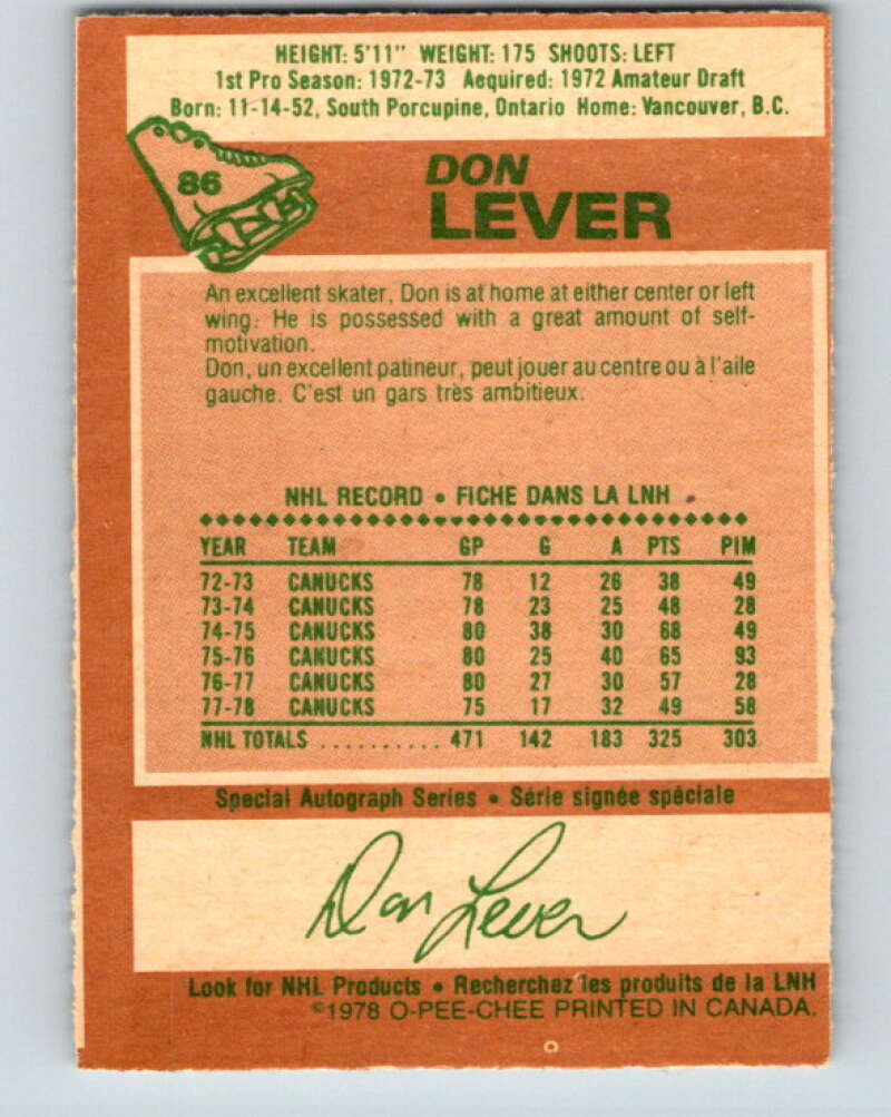 1978-79 O-Pee-Chee #86 Don Lever  Vancouver Canucks  V22078