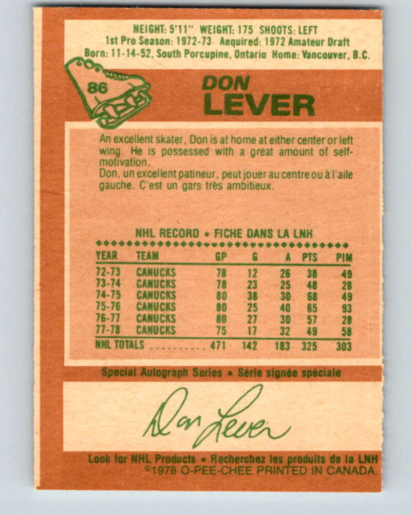 1978-79 O-Pee-Chee #86 Don Lever  Vancouver Canucks  V22080