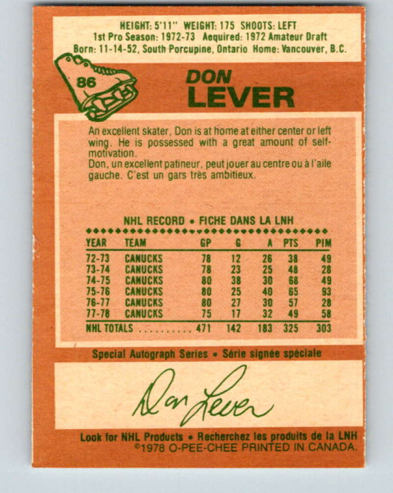 1978-79 O-Pee-Chee #86 Don Lever  Vancouver Canucks  V22081