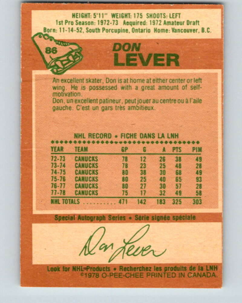 1978-79 O-Pee-Chee #86 Don Lever  Vancouver Canucks  V22083