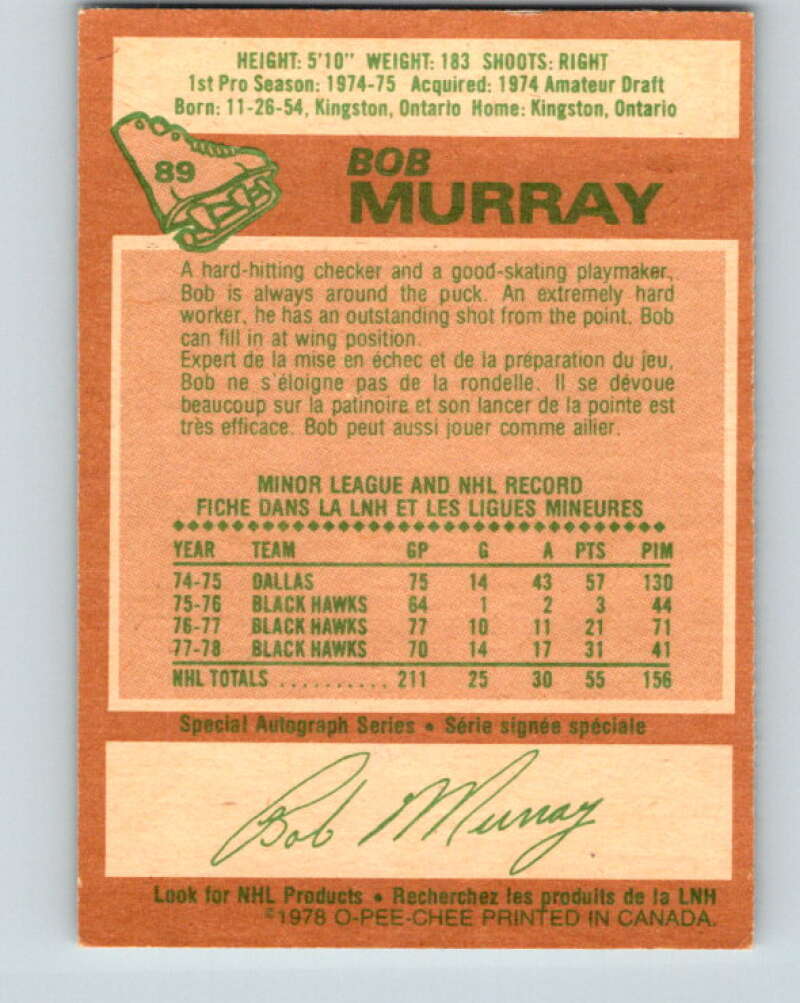 1978-79 O-Pee-Chee #89 Bob Murray  Chicago Blackhawks  V22123