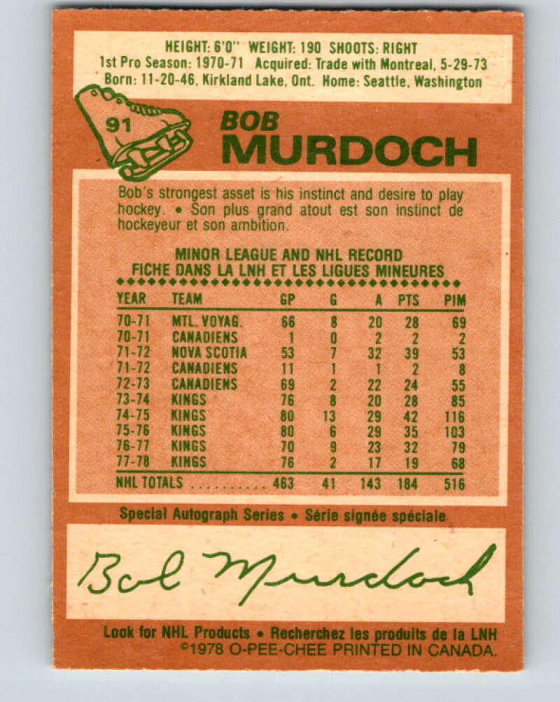 1978-79 O-Pee-Chee #91 Bob Murdoch  Los Angeles Kings  V22137