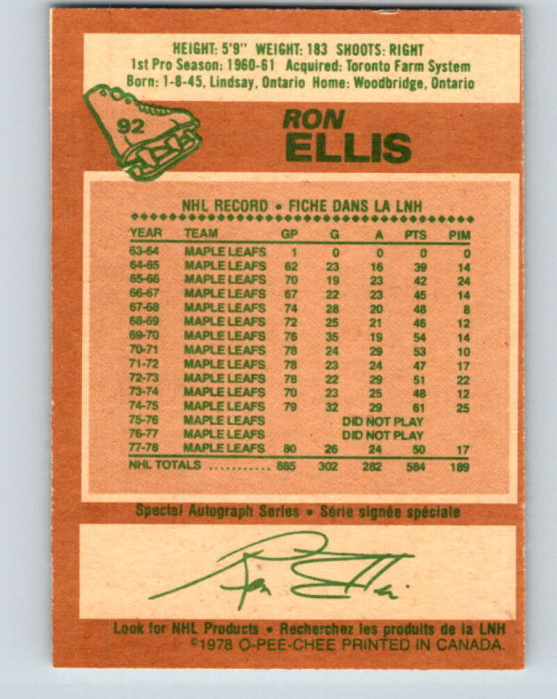 1978-79 O-Pee-Chee #92 Ron Ellis  Toronto Maple Leafs  V22138
