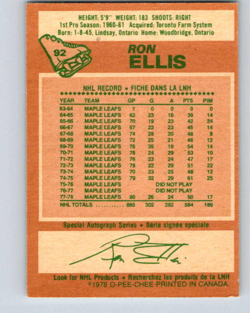 1978-79 O-Pee-Chee #92 Ron Ellis  Toronto Maple Leafs  V22139