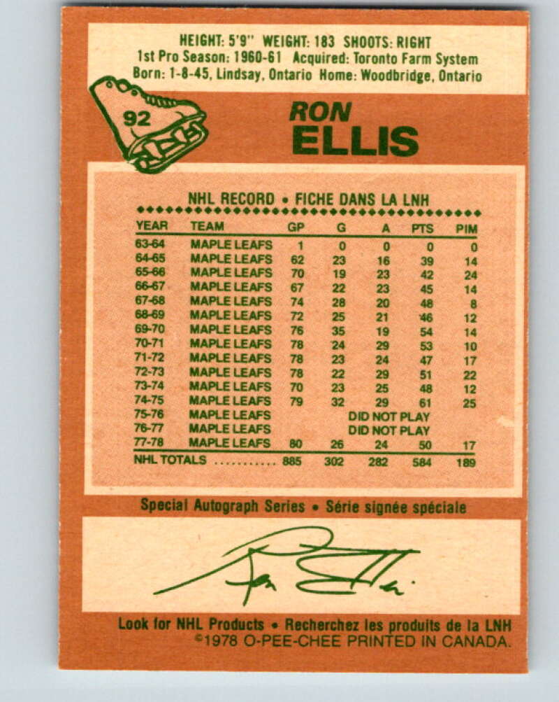 1978-79 O-Pee-Chee #92 Ron Ellis  Toronto Maple Leafs  V22140