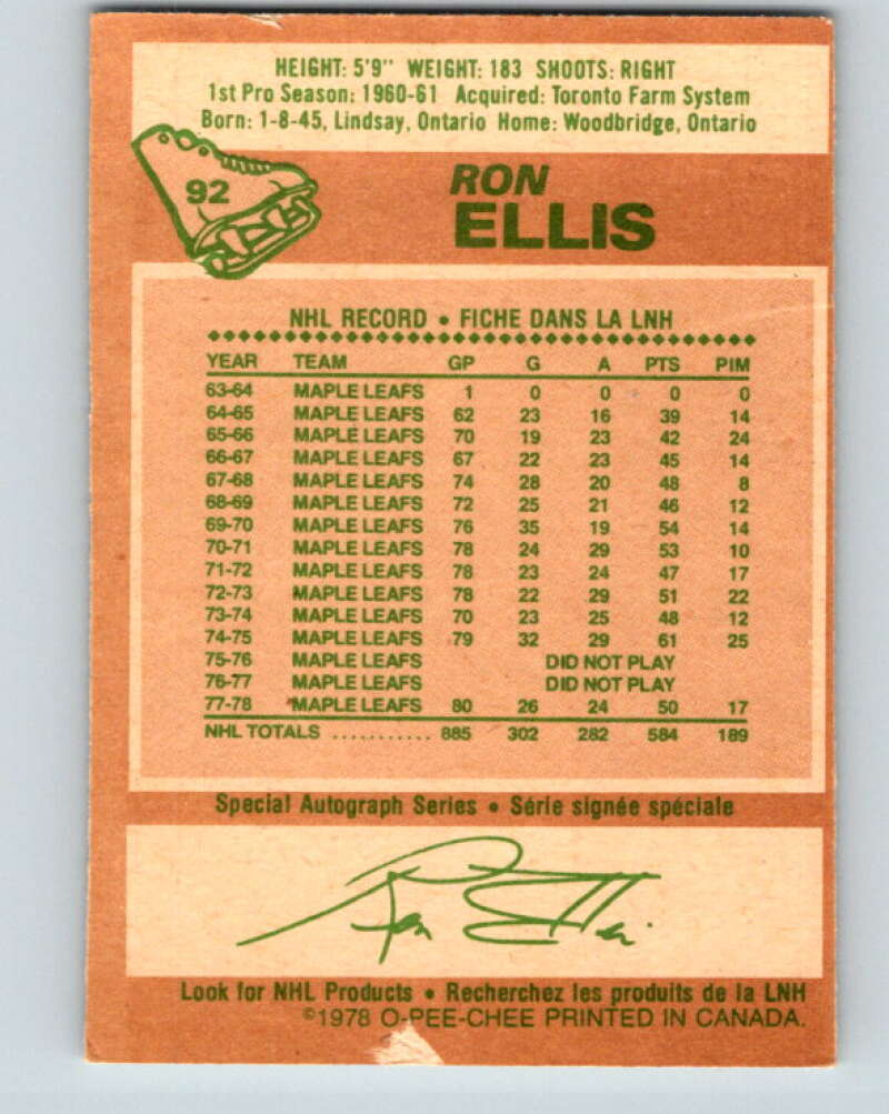 1978-79 O-Pee-Chee #92 Ron Ellis  Toronto Maple Leafs  V22141