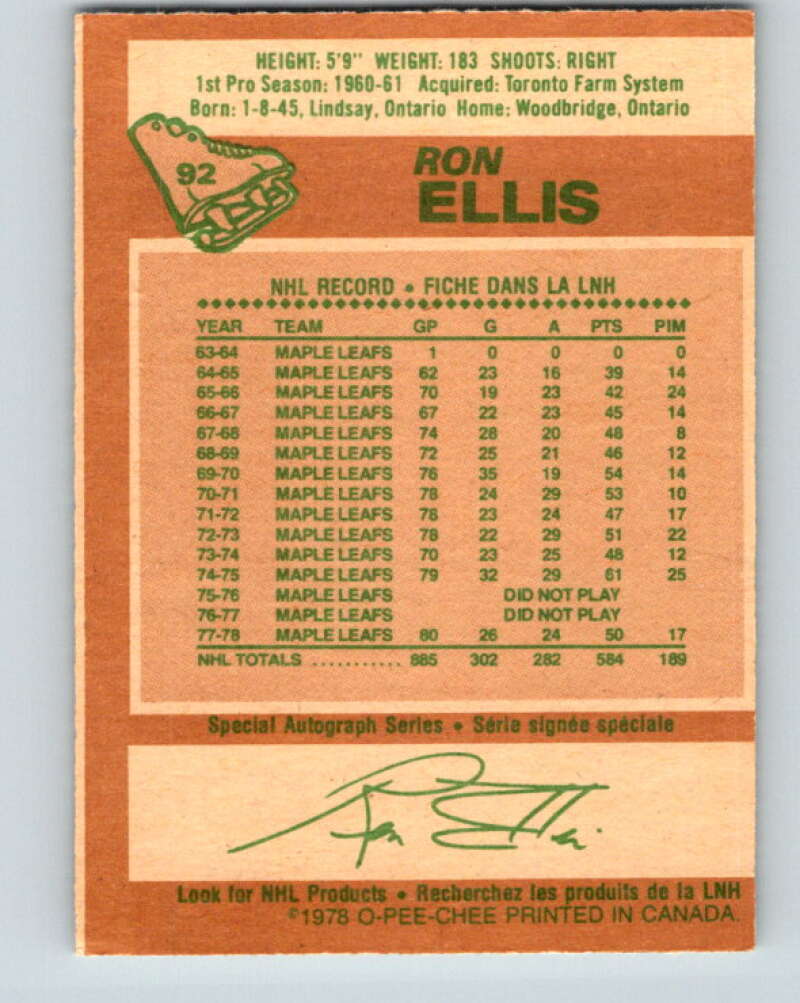 1978-79 O-Pee-Chee #92 Ron Ellis  Toronto Maple Leafs  V22145