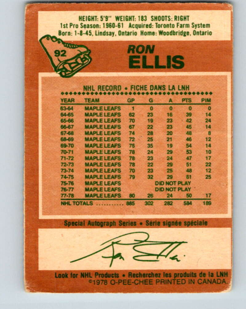 1978-79 O-Pee-Chee #92 Ron Ellis  Toronto Maple Leafs  V22148