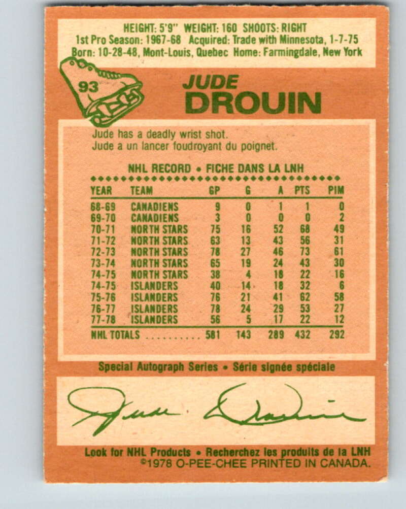 1978-79 O-Pee-Chee #93 Jude Drouin  New York Islanders  V22151