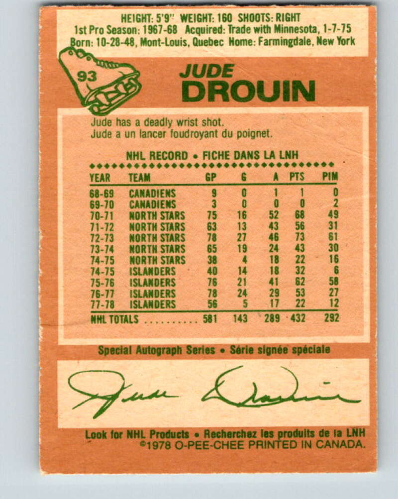 1978-79 O-Pee-Chee #93 Jude Drouin  New York Islanders  V22152