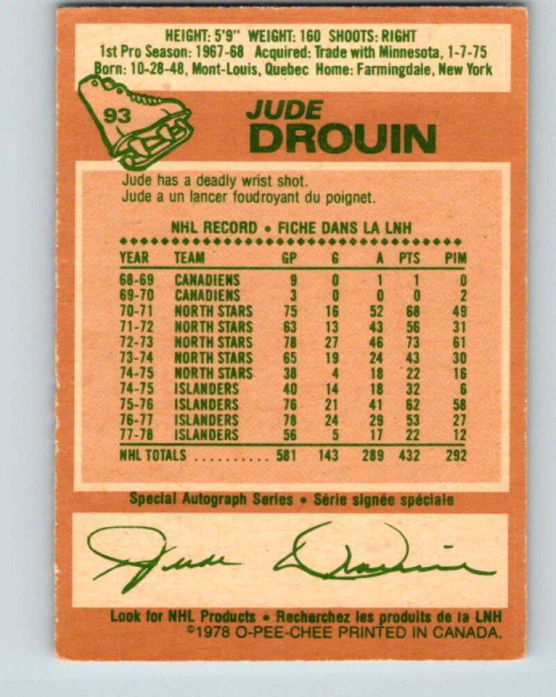1978-79 O-Pee-Chee #93 Jude Drouin  New York Islanders  V22154
