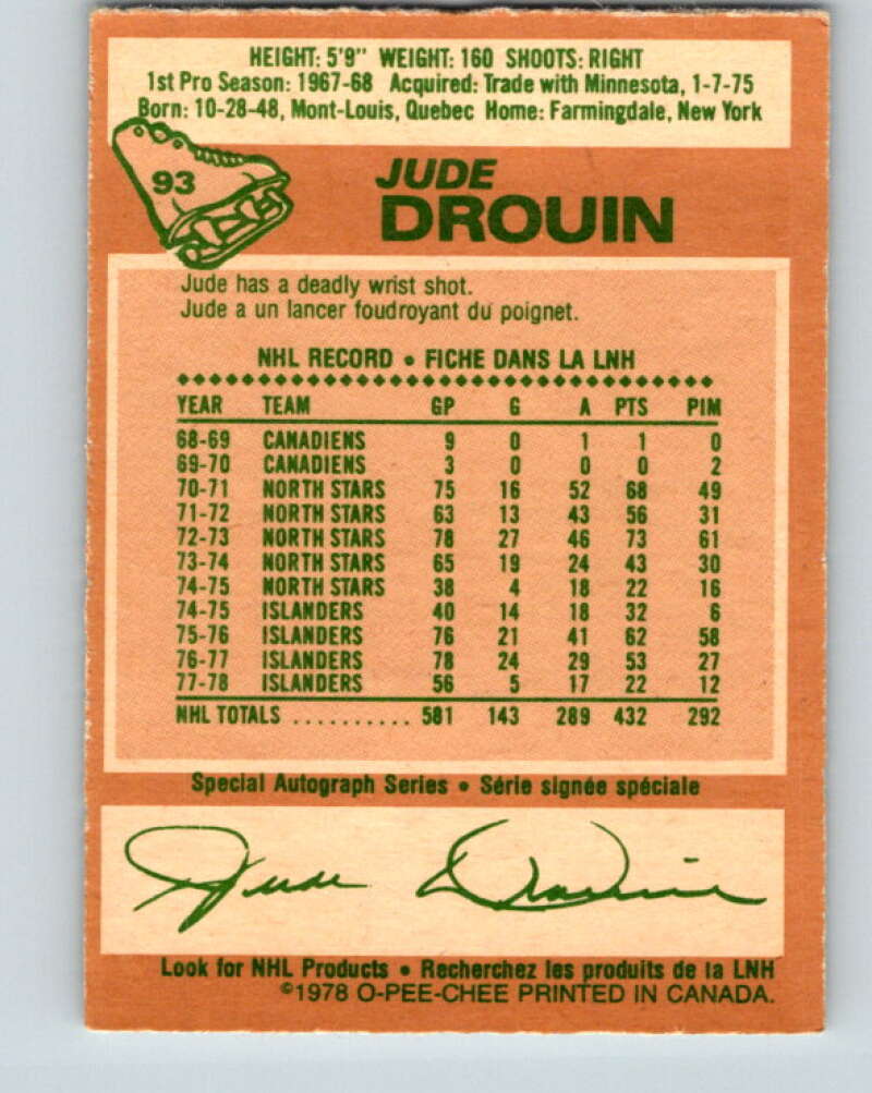 1978-79 O-Pee-Chee #93 Jude Drouin  New York Islanders  V22156