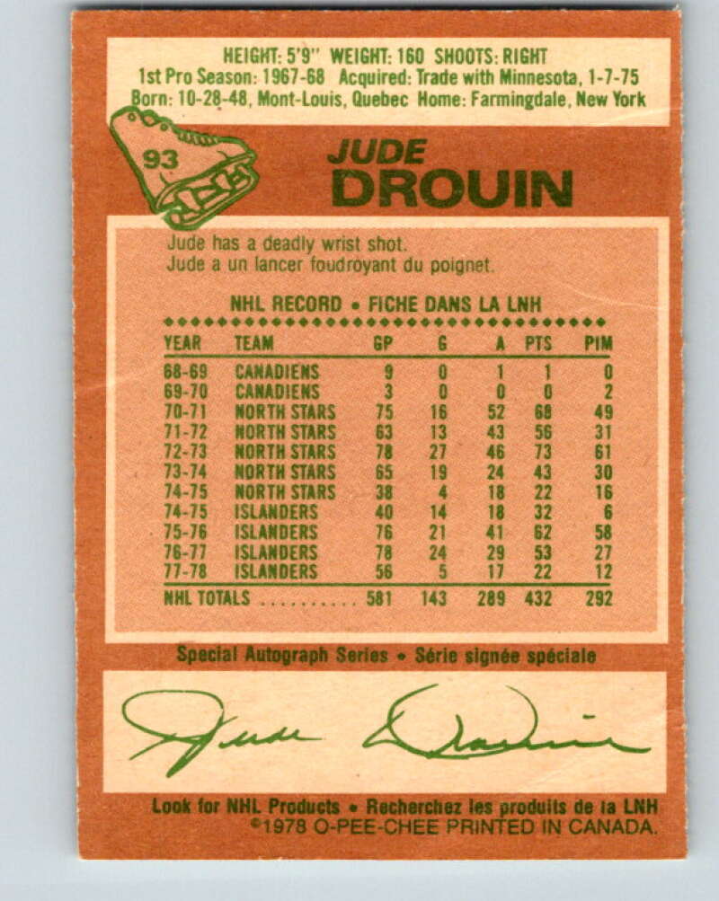 1978-79 O-Pee-Chee #93 Jude Drouin  New York Islanders  V22157