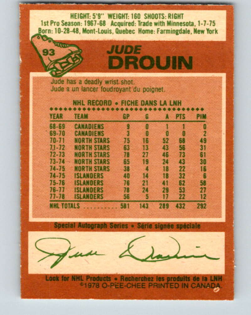 1978-79 O-Pee-Chee #93 Jude Drouin  New York Islanders  V22159