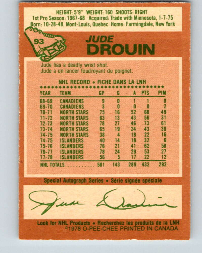 1978-79 O-Pee-Chee #93 Jude Drouin  New York Islanders  V22160