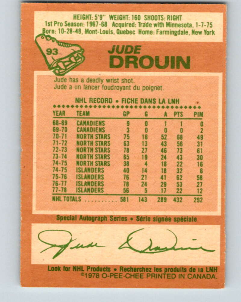 1978-79 O-Pee-Chee #93 Jude Drouin  New York Islanders  V22161