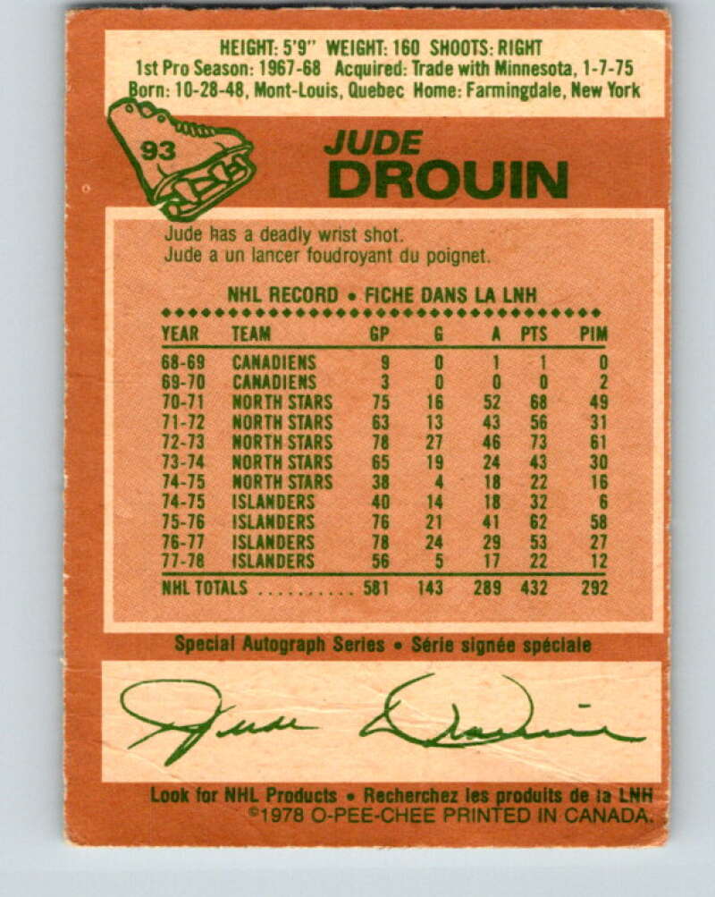 1978-79 O-Pee-Chee #93 Jude Drouin  New York Islanders  V22163