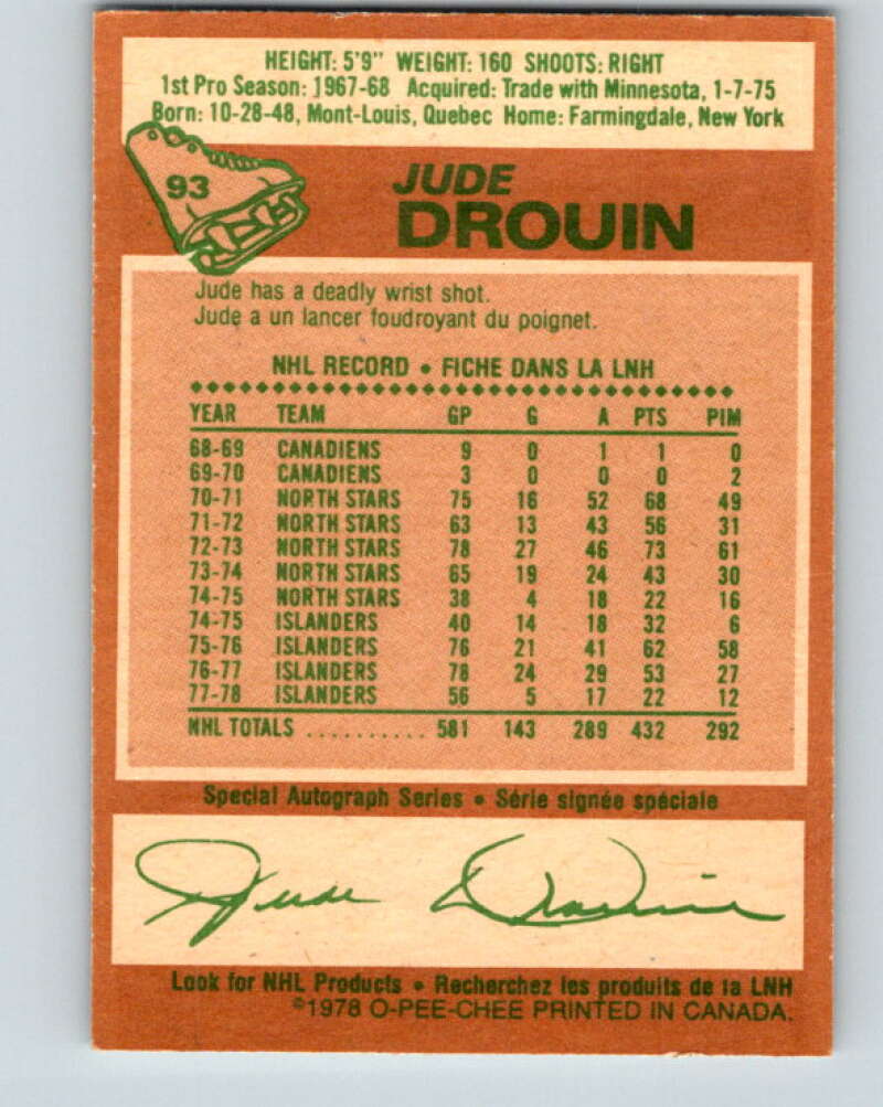 1978-79 O-Pee-Chee #93 Jude Drouin  New York Islanders  V22165