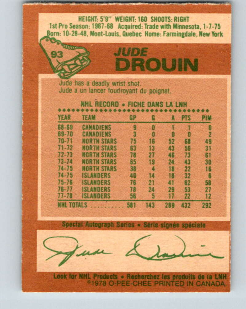 1978-79 O-Pee-Chee #93 Jude Drouin  New York Islanders  V22166