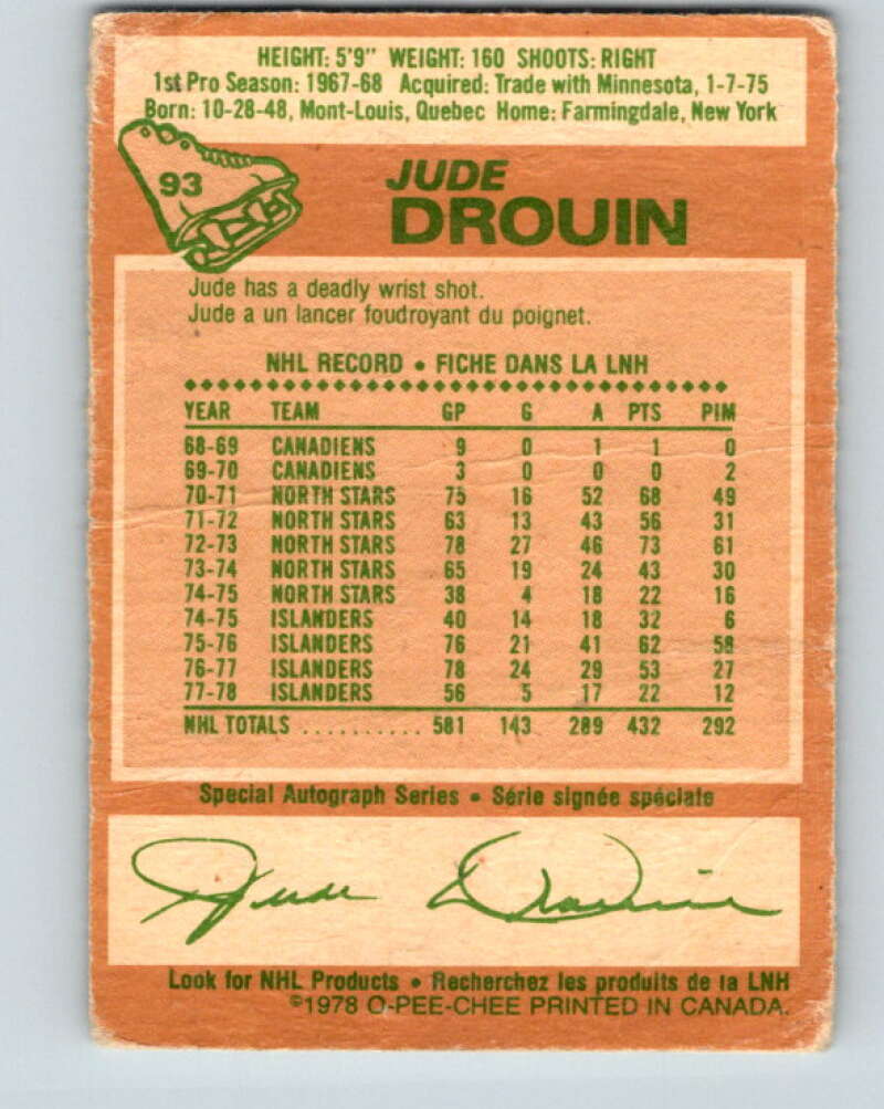 1978-79 O-Pee-Chee #93 Jude Drouin  New York Islanders  V22167