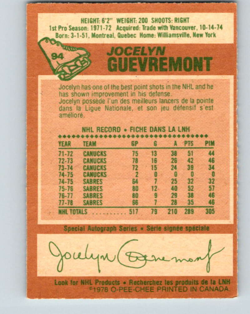 1978-79 O-Pee-Chee #94 Jocelyn Guevremont  Buffalo Sabres  V22170