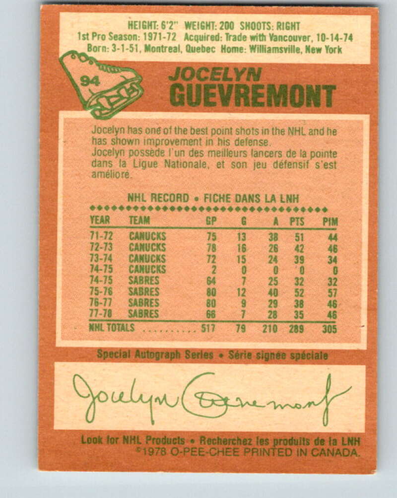 1978-79 O-Pee-Chee #94 Jocelyn Guevremont  Buffalo Sabres  V22172