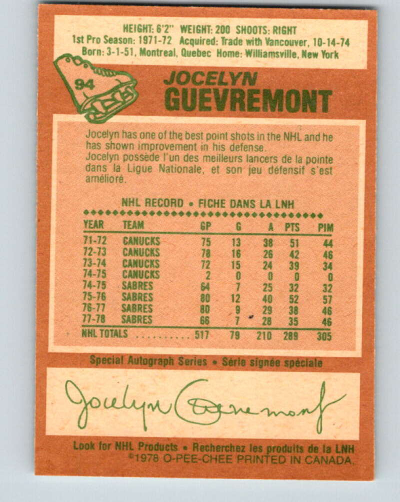 1978-79 O-Pee-Chee #94 Jocelyn Guevremont  Buffalo Sabres  V22173