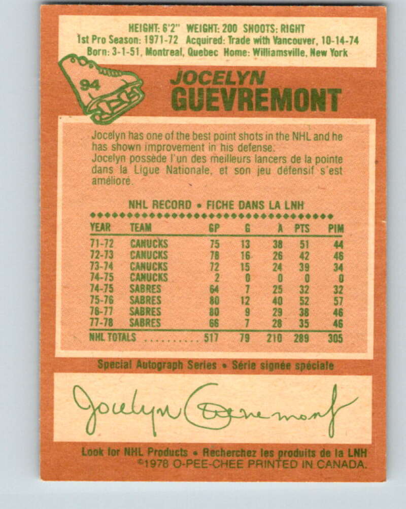1978-79 O-Pee-Chee #94 Jocelyn Guevremont  Buffalo Sabres  V22174