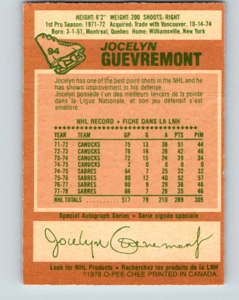 1978-79 O-Pee-Chee #94 Jocelyn Guevremont  Buffalo Sabres  V22176