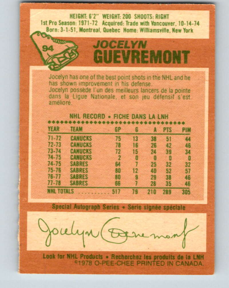 1978-79 O-Pee-Chee #94 Jocelyn Guevremont  Buffalo Sabres  V22178