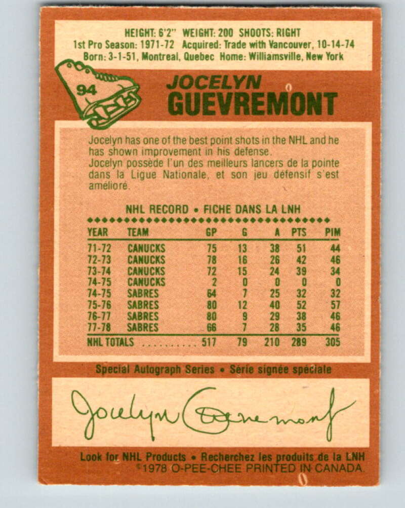 1978-79 O-Pee-Chee #94 Jocelyn Guevremont  Buffalo Sabres  V22182