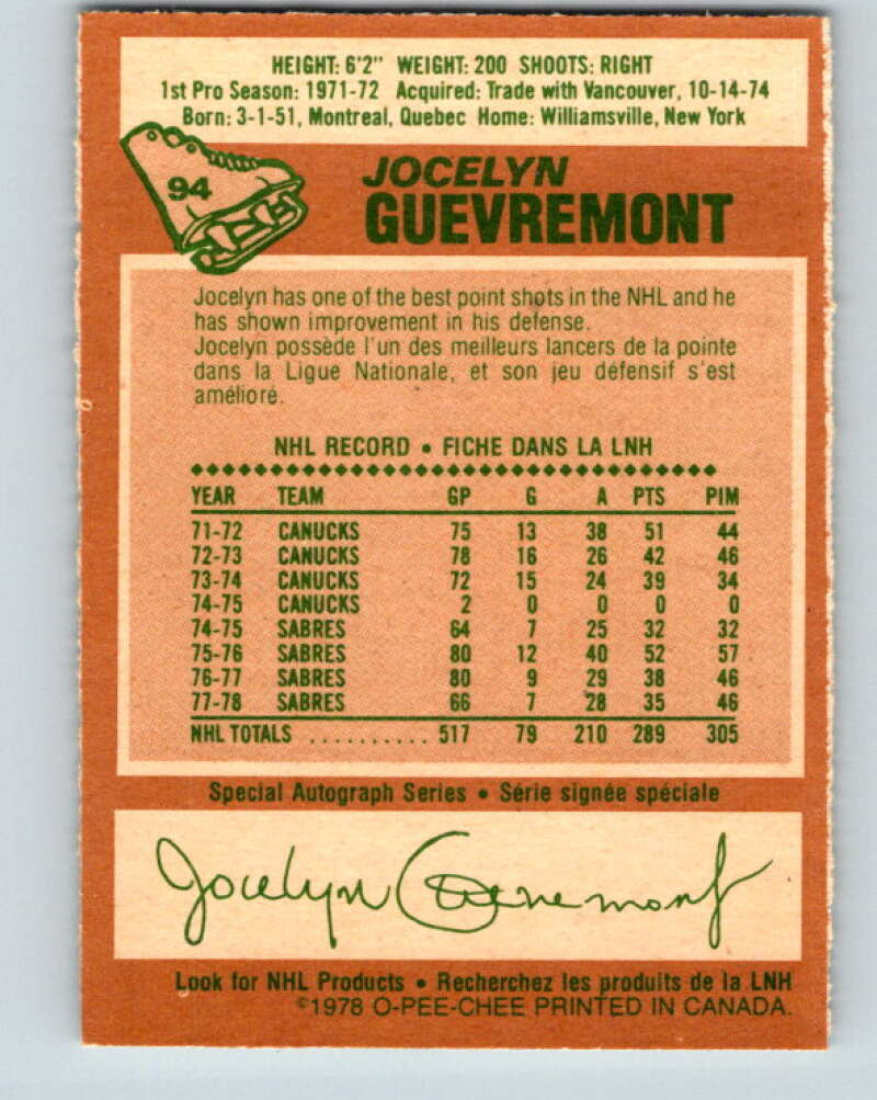 1978-79 O-Pee-Chee #94 Jocelyn Guevremont  Buffalo Sabres  V22183