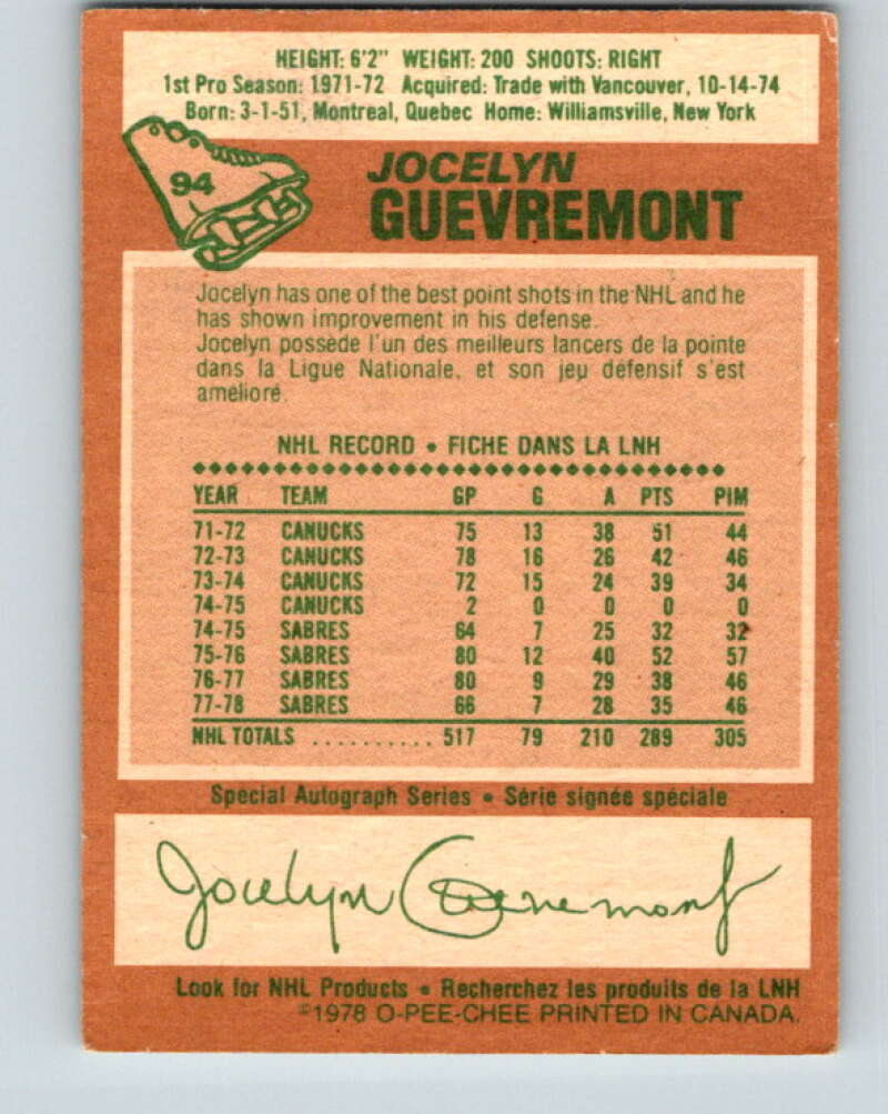 1978-79 O-Pee-Chee #94 Jocelyn Guevremont  Buffalo Sabres  V22184