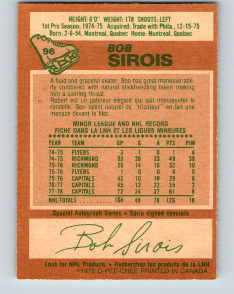 1978-79 O-Pee-Chee #96 Bob Sirois  Washington Capitals  V22219
