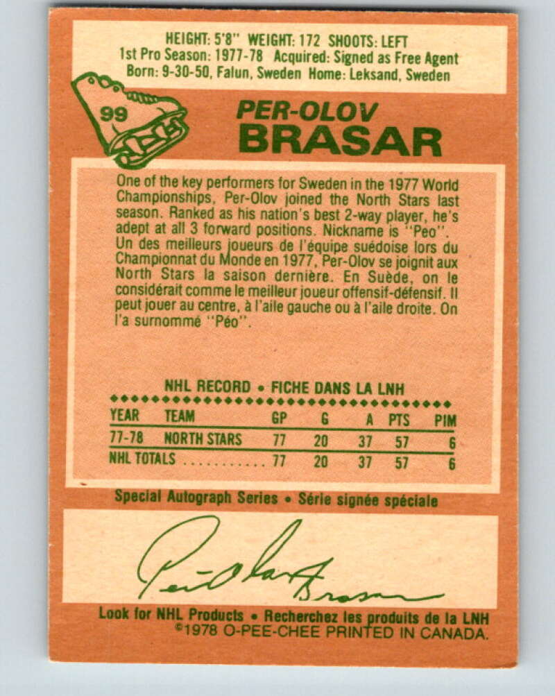1978-79 O-Pee-Chee #99 Per-Olov Brasar  RC Rookie Minnesota  V22271