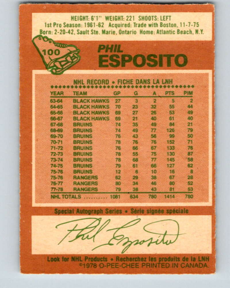 1978-79 O-Pee-Chee #100 Phil Esposito  New York Rangers  V22286