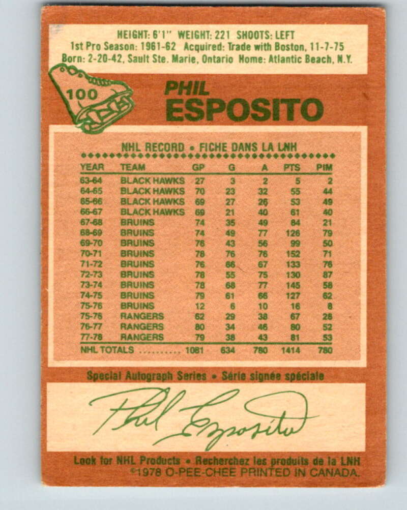 1978-79 O-Pee-Chee #100 Phil Esposito  New York Rangers  V22290