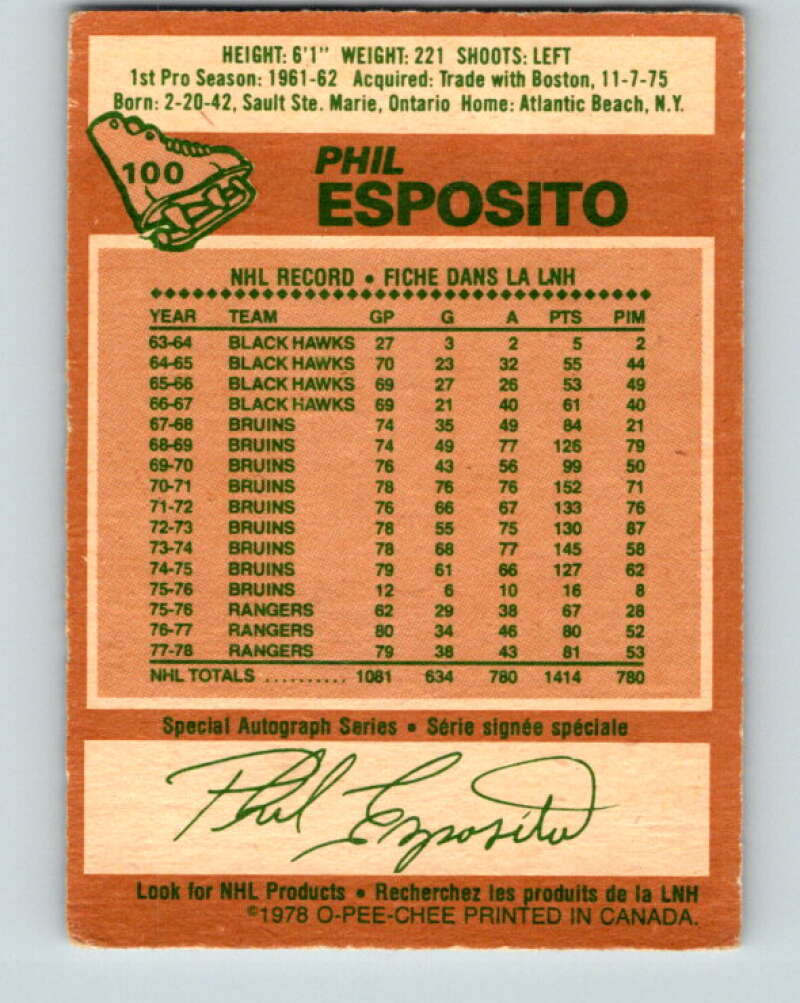 1978-79 O-Pee-Chee #100 Phil Esposito  New York Rangers  V22294