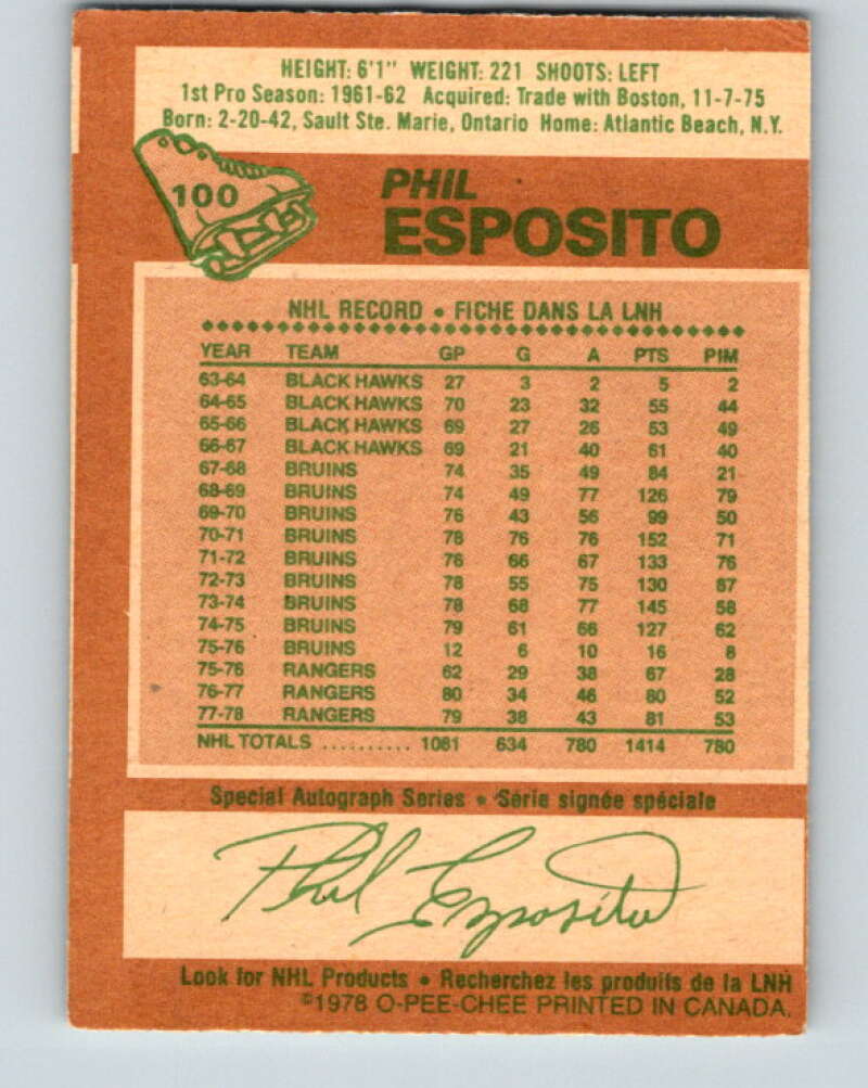 1978-79 O-Pee-Chee #100 Phil Esposito  New York Rangers  V22295