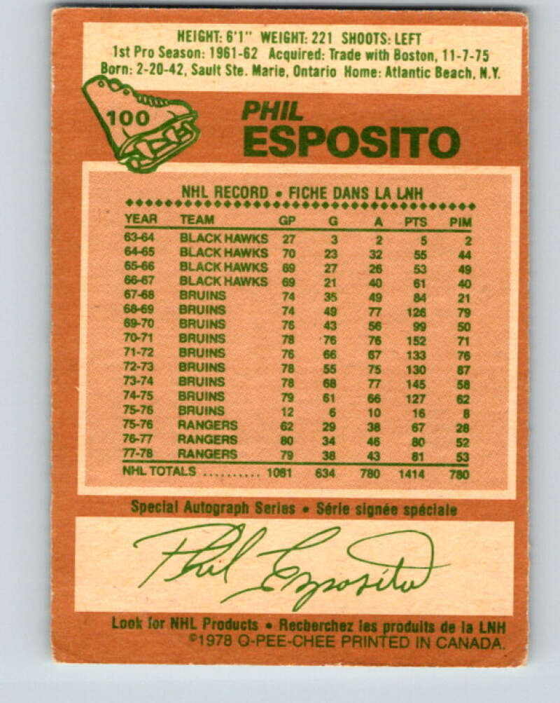 1978-79 O-Pee-Chee #100 Phil Esposito  New York Rangers  V22296