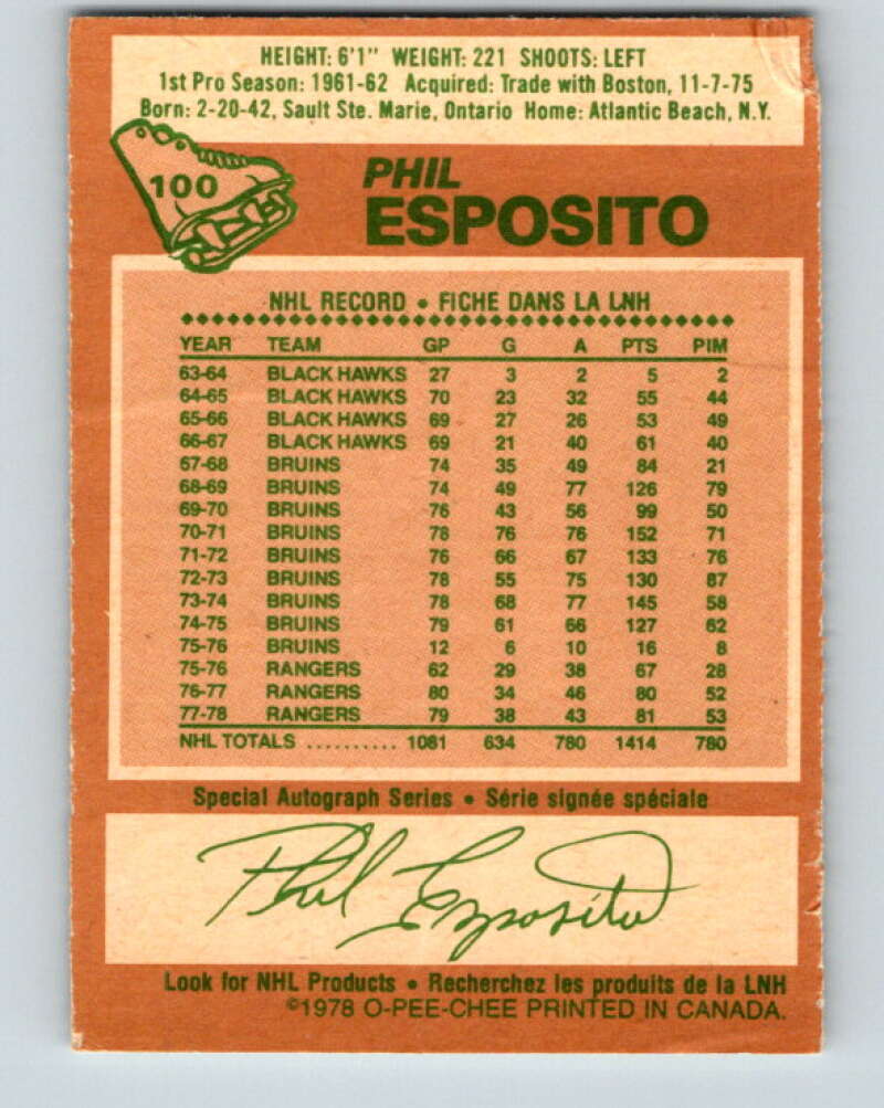 1978-79 O-Pee-Chee #100 Phil Esposito  New York Rangers  V22297